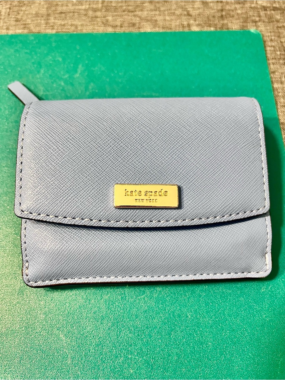 kate spade Light Blue Saffiano Leather Card Wallet with Gold Logo